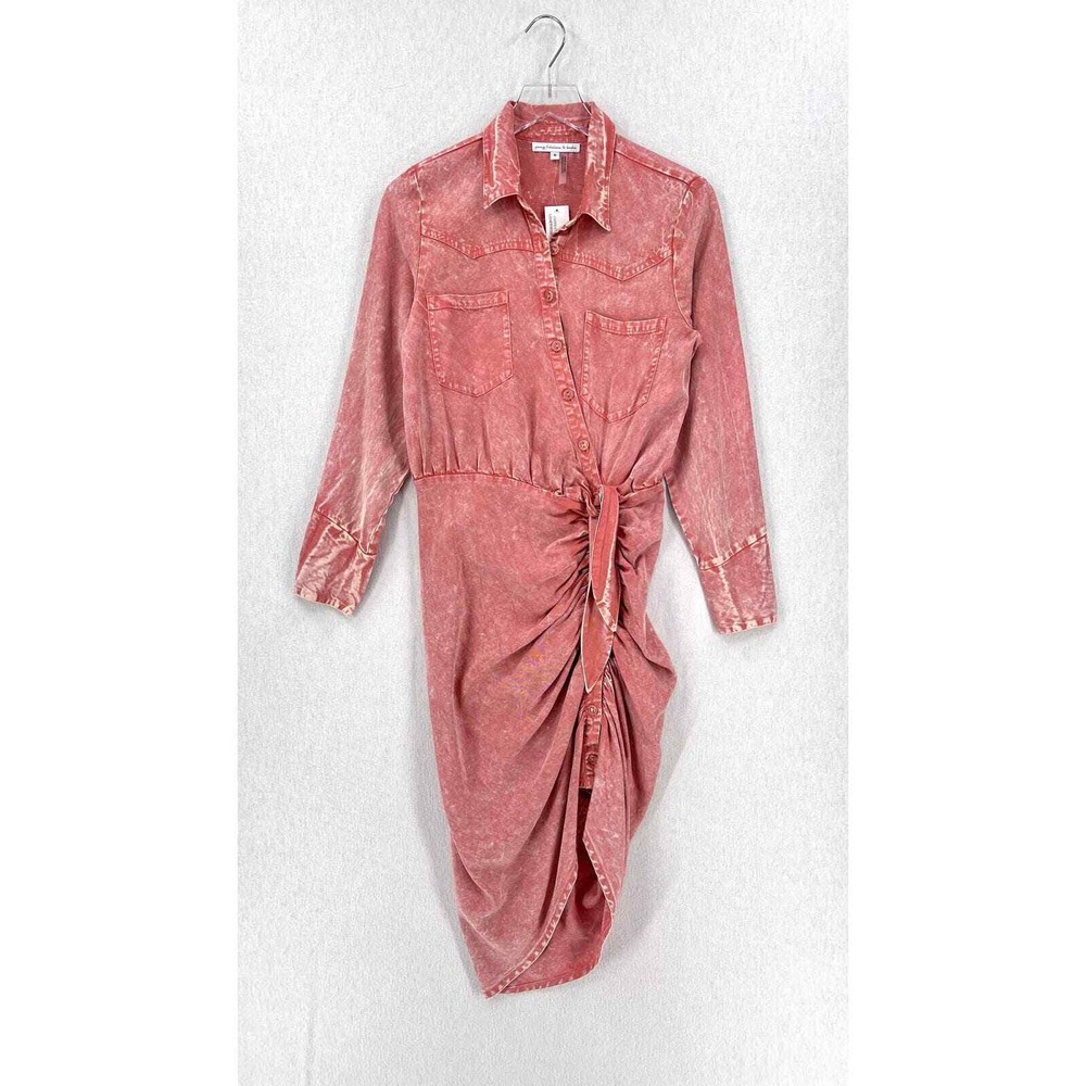 YOUNG FABULOUS BROKE Midi Dress Women Small Pink Acid Wash Ruched Western Shirt - Picture 3 of 16